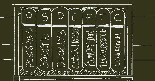 A line drawing of a bookshelf, with the books labelled for each database covered - PostgreSQL, SQLite, DuckDB, ClickHouse, FoundationDB, TigerBeetle and CockroachDB