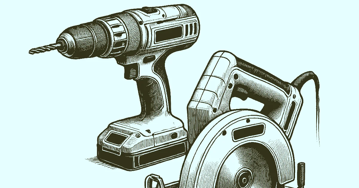A line drawing of a power drill and table saw, continuing the power tools metaphor.